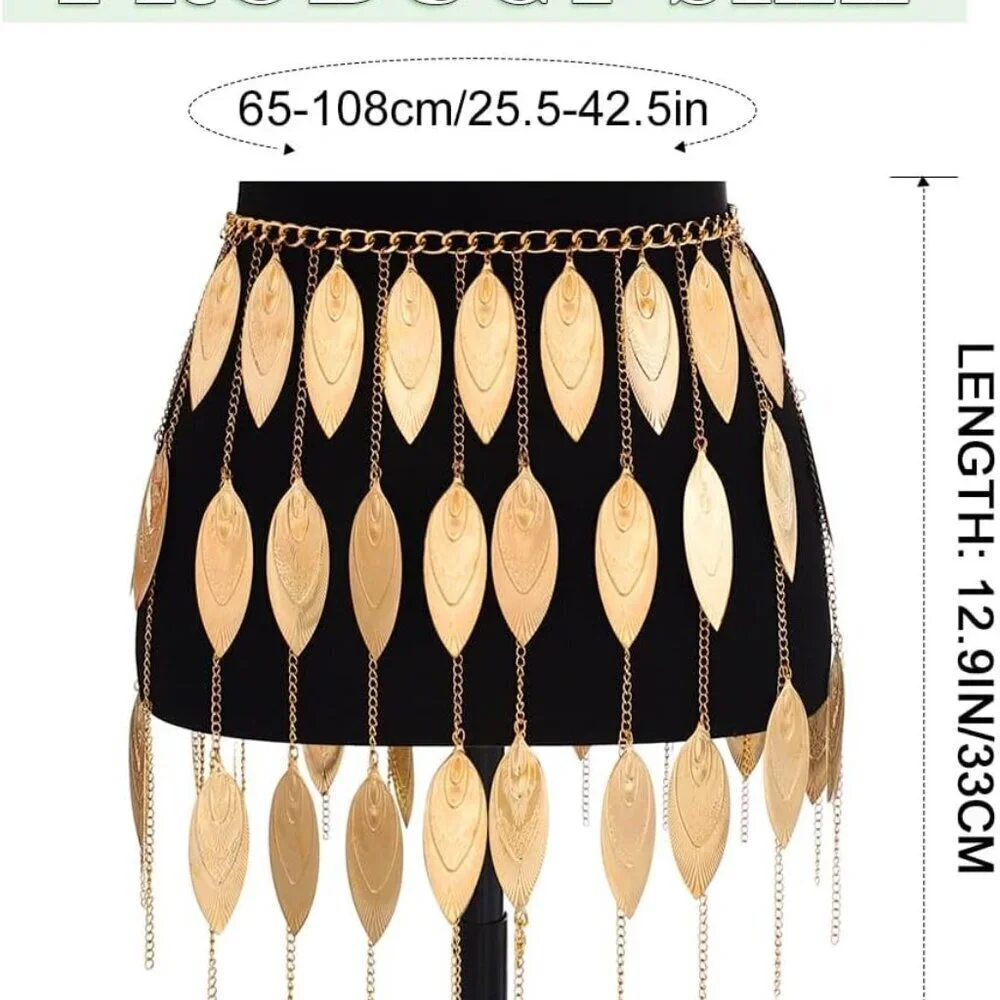 Women Gold Belly Dance Skirt Fringe Waist Chain Leaves Beach Bikini Accessory - Picture 3 of 7